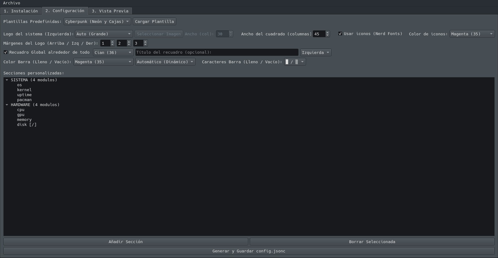 Interfaz Fastfetch Configurator